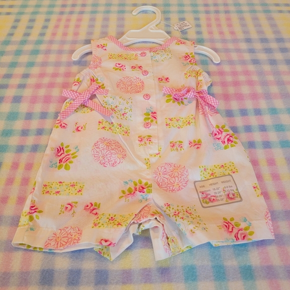 KRU LAYETTE 💐 Sweet Little Pink 'n Green Floral Sleeveless Romper w/Bows  0-3M - Picture 4 of 16